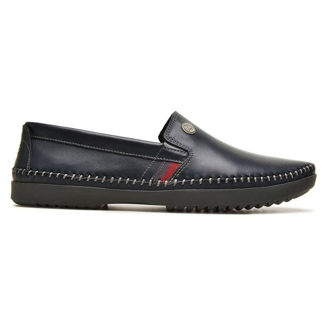 Mocassim masculino Free Way couro Marinho com detalhes vermelhos, design slip-on e costuras decorativas